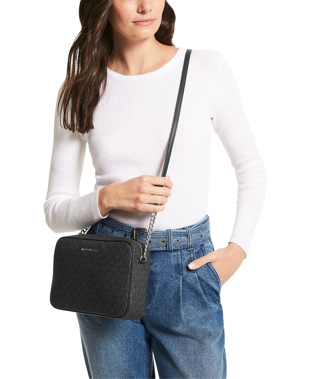 East-West Michael Kors Logo Shoulder Jet Set, Black