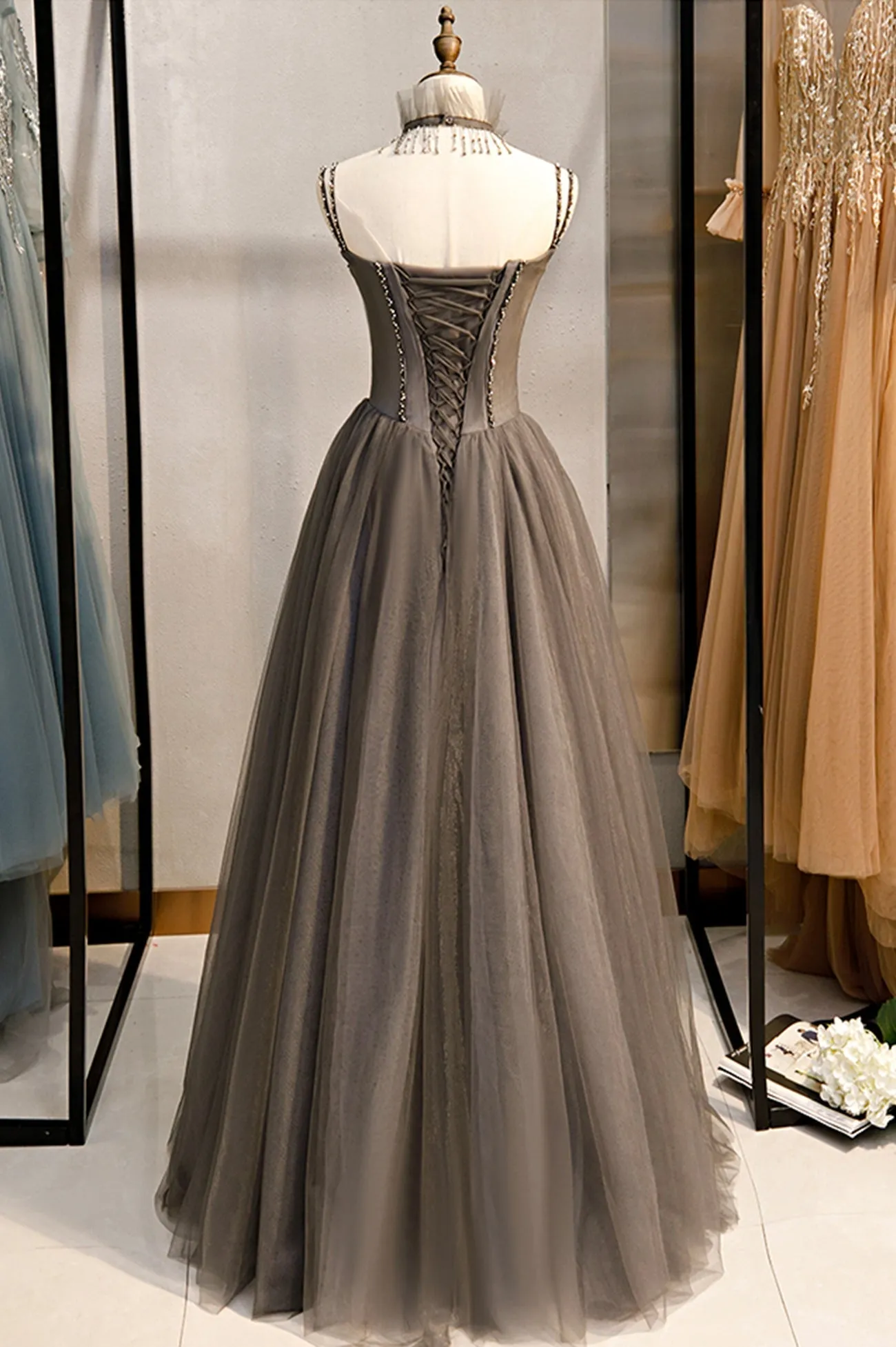 Gray Tulle Spaghetti Strap Long Prom Dresses A-Line Evening Dresses