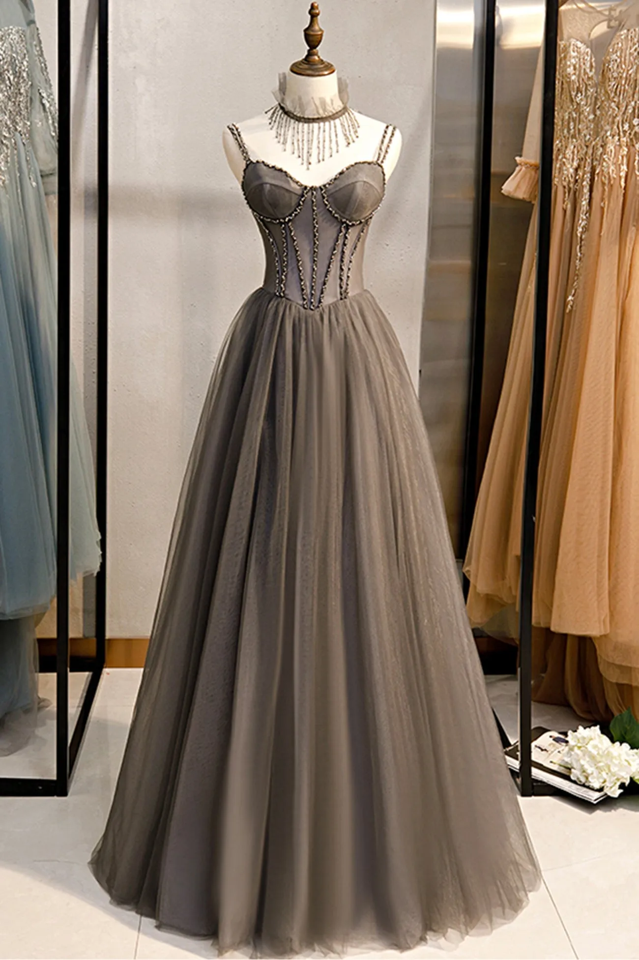 Gray Tulle Spaghetti Strap Long Prom Dresses A-Line Evening Dresses