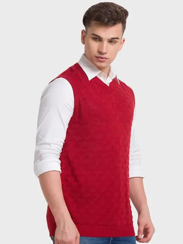 Men Brown Classic Fit Structure Acrylic Merino Blend Sleeveless V Neck Collar Sweaters
