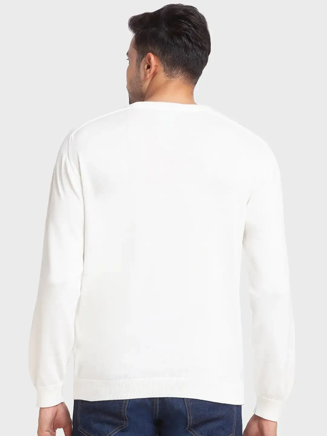 Men White Tailored Fit Jacquard Cotton Full Sleeve Round Collar Sweaters