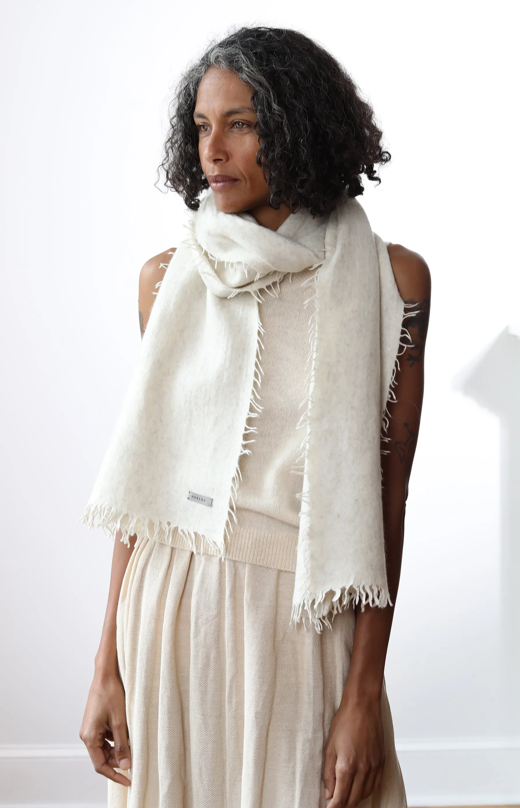 Natural Yak White Overfelt Fringed Scarf