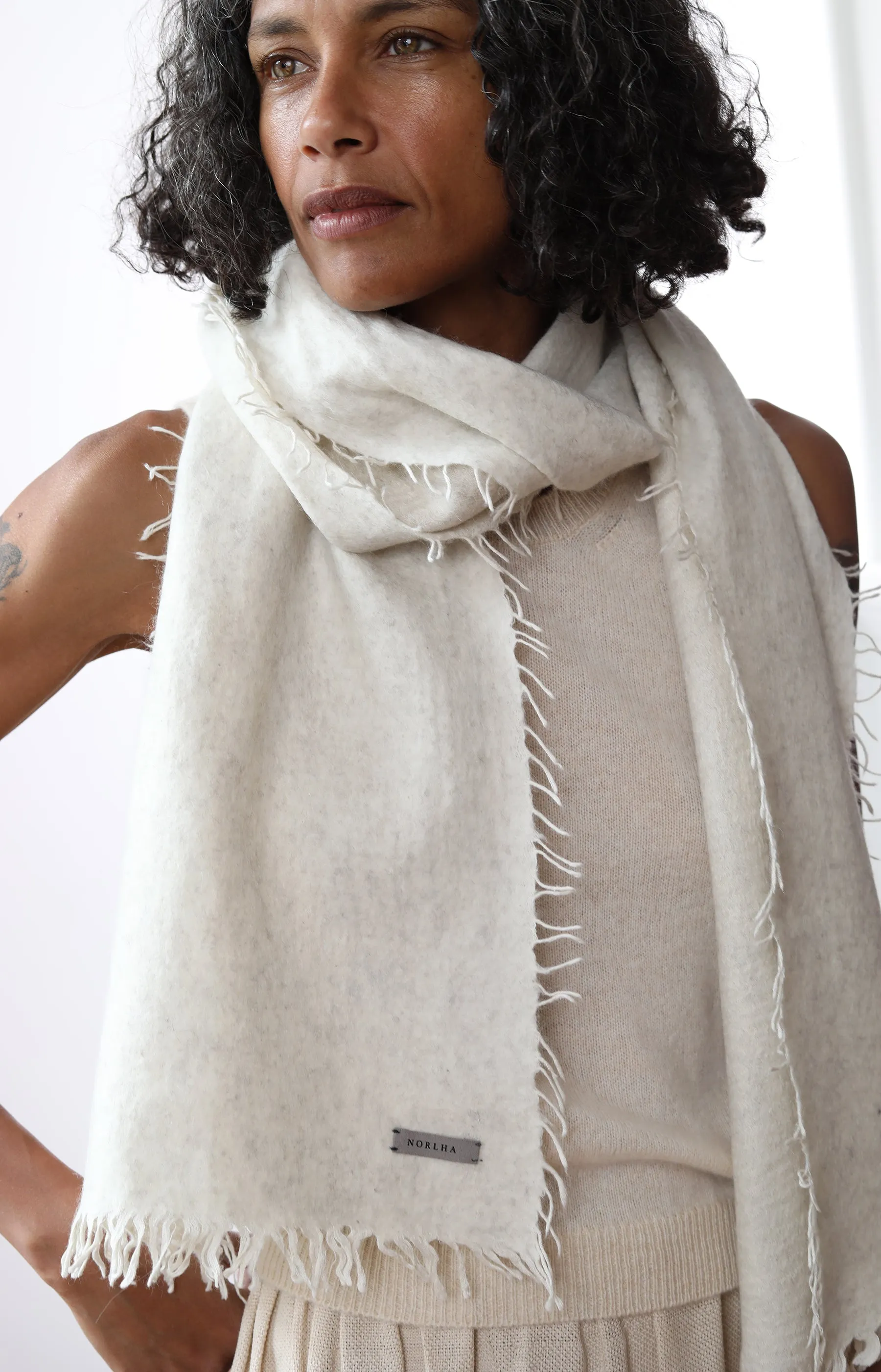 Natural Yak White Overfelt Fringed Scarf