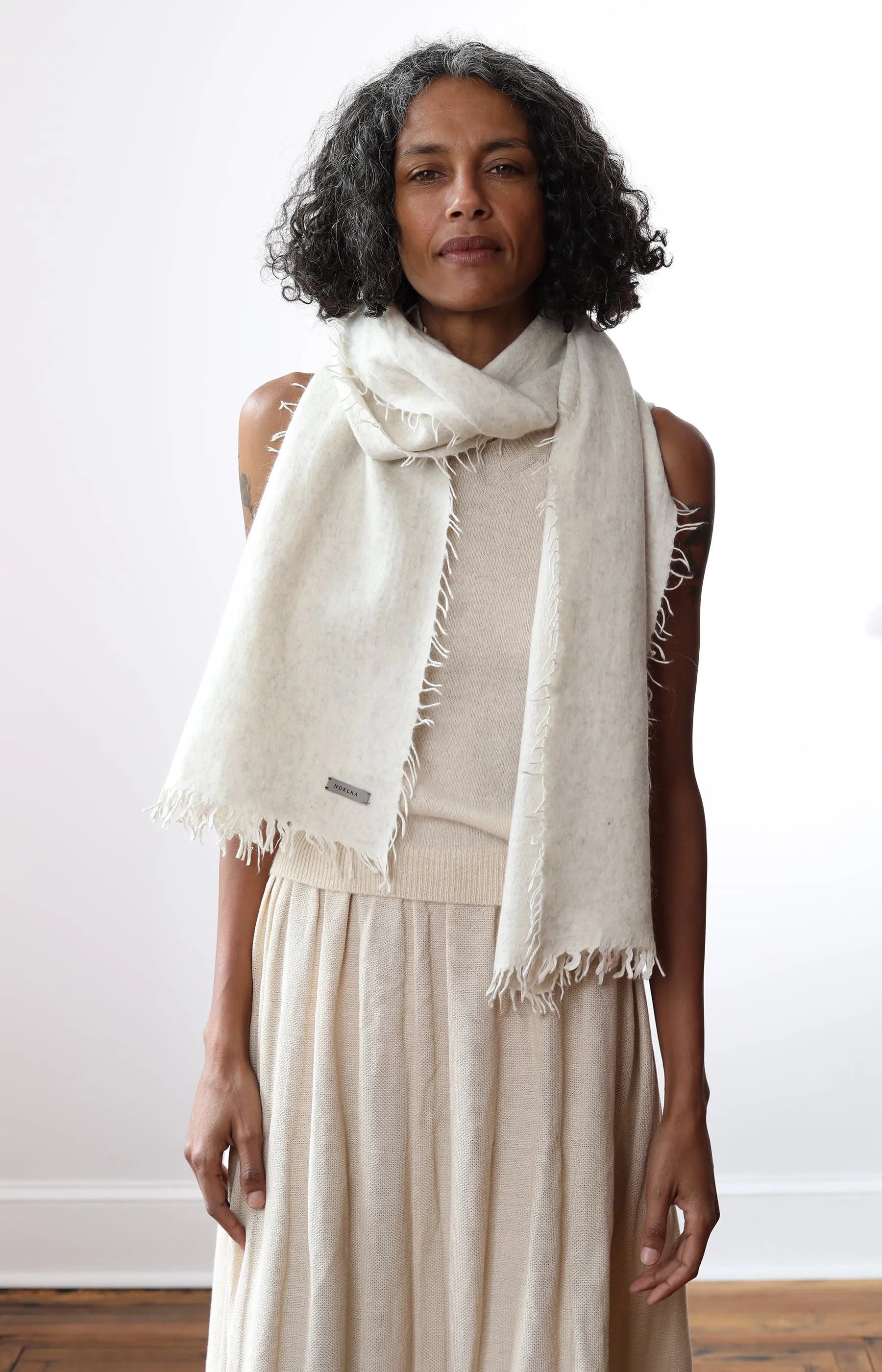 Natural Yak White Overfelt Fringed Scarf