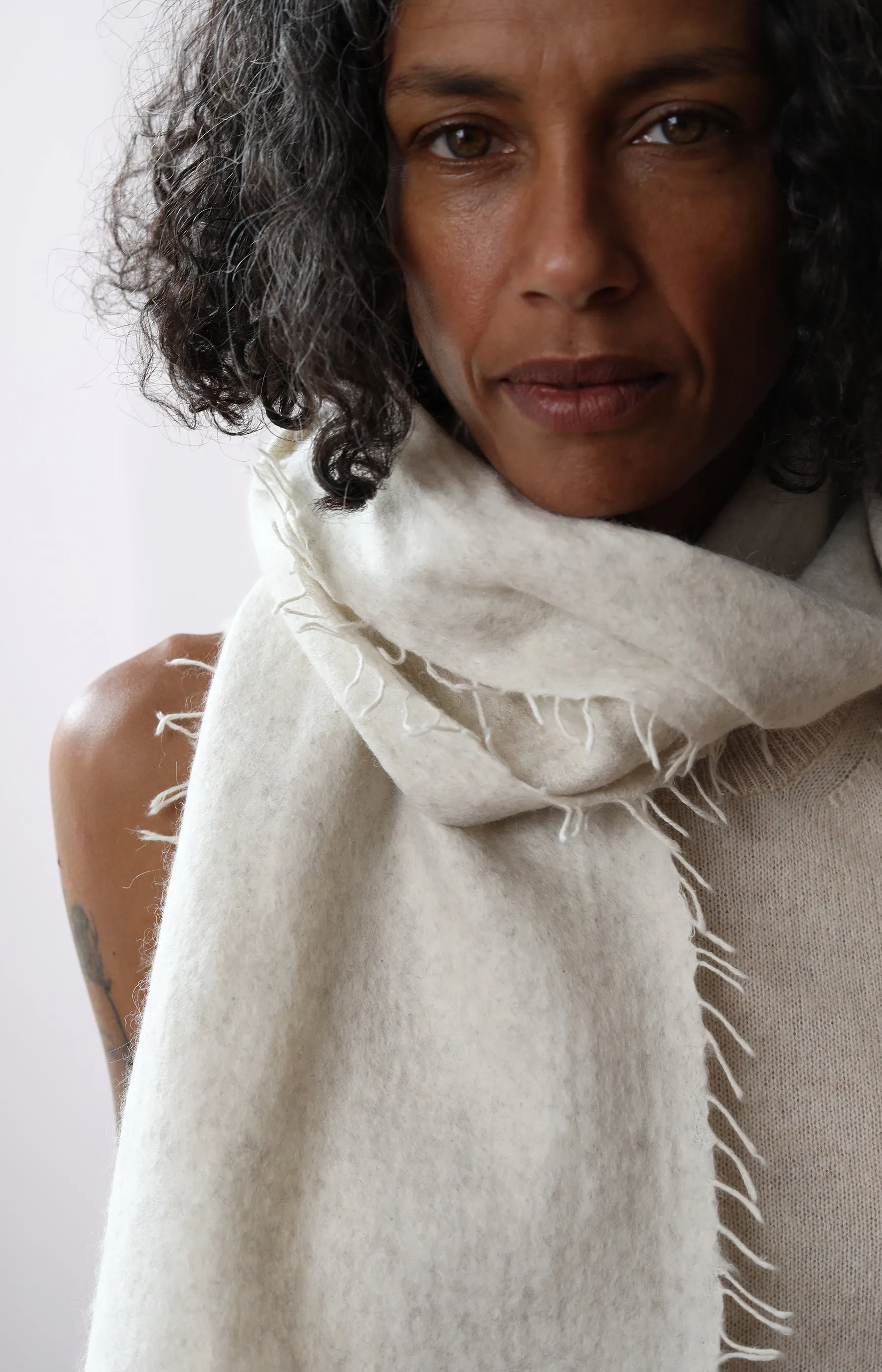 Natural Yak White Overfelt Fringed Scarf