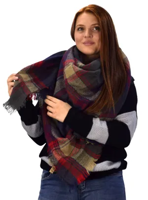 Navy Blue Tan Warm Tartan Plaid Woven Oversized Fringe Scarf Blanket Shawl Wrap