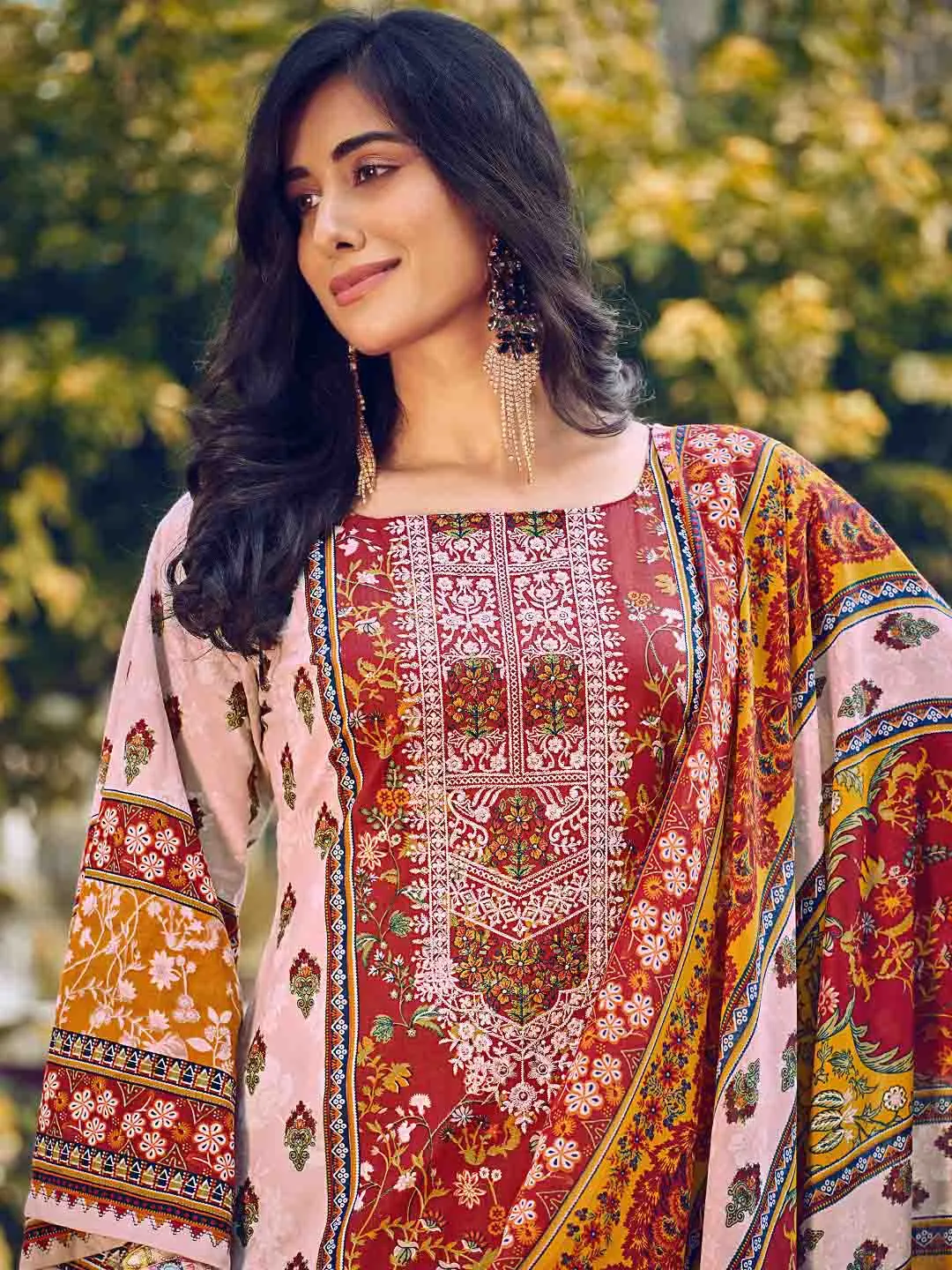 Pakistani Print Unstitched Embroidered Cotton Suit Material for Women