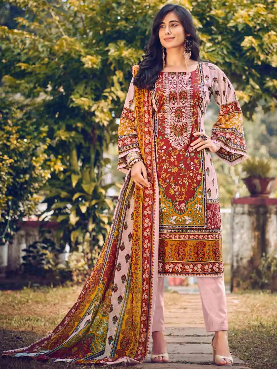 Pakistani Print Unstitched Embroidered Cotton Suit Material for Women