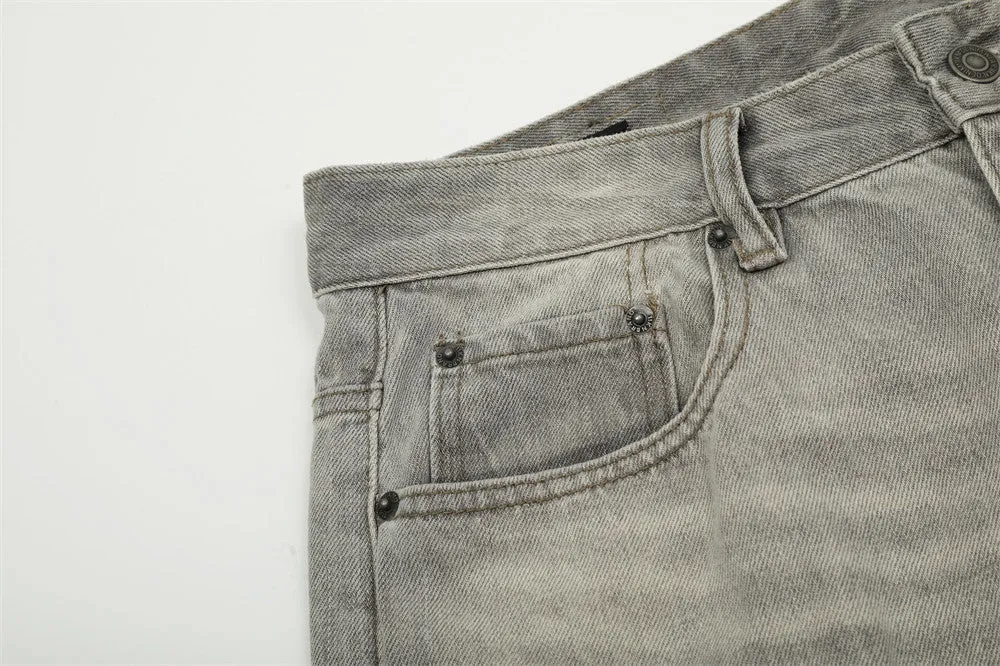 Punk Vintage Wash Denim Straight Wide Leg Pants Men