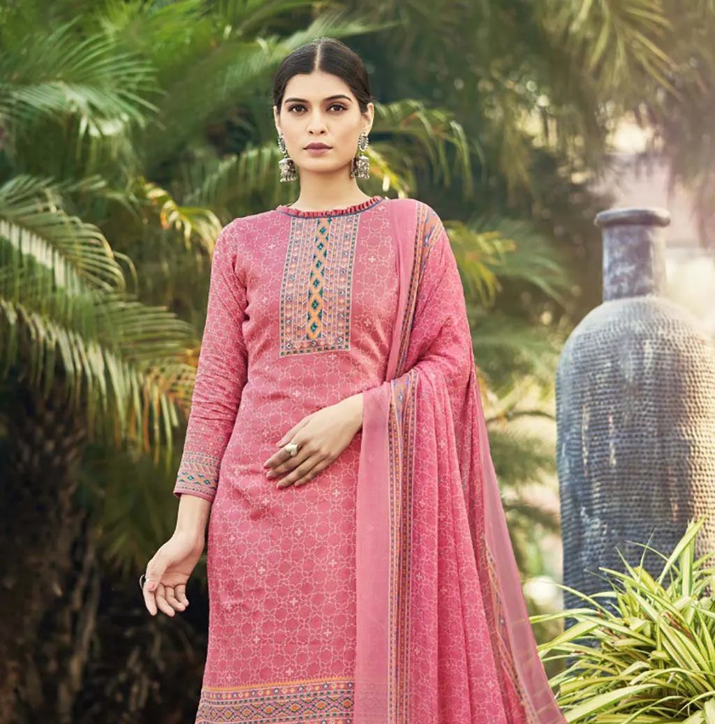 Pure Cotton Unstitched Pink Salwar Suits Material With Chiffon Dupatta