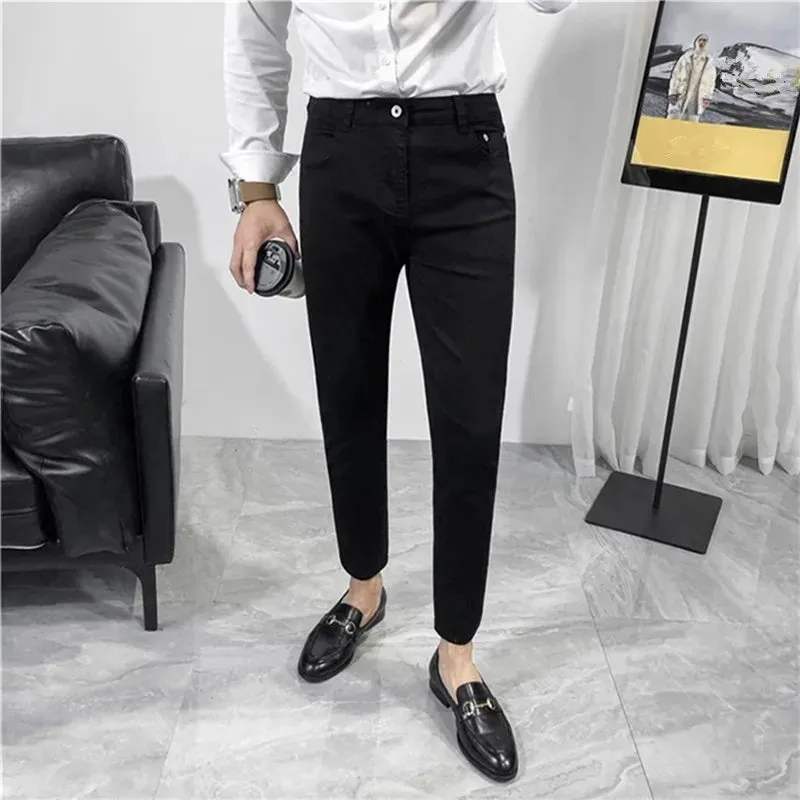 Wiaofellas  -  High Quality Men's Jeans Fashion Slim Fit Denim Pencil Pants Men Solid Color Streetwear Jeans 99% Cotton Ankle-Length Pants Man