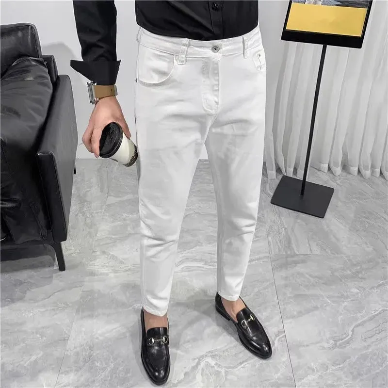 Wiaofellas  -  High Quality Men's Jeans Fashion Slim Fit Denim Pencil Pants Men Solid Color Streetwear Jeans 99% Cotton Ankle-Length Pants Man