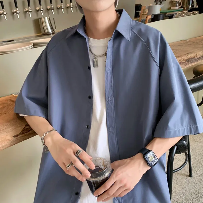Wiaofellas  -  Summer Men Fashion Short Sleeve Solid Color Shirts Man Casual Oversized Blouses Men's Loose Turn Down Collar Shirt H740